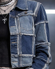 Unisex patch work denim suite with gothic wide-leg pants and cropped jacket in streetwear style