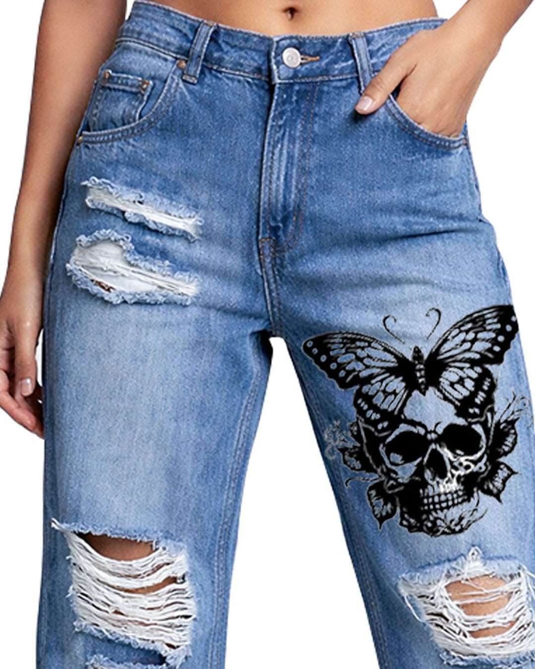 Trippprs Women Heart Print distressed wide leg jeans with heart and butterfly graphics