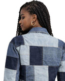 Women Short Patchwork Denim Jacket cropped blue with mixed denim panels for streetwear style