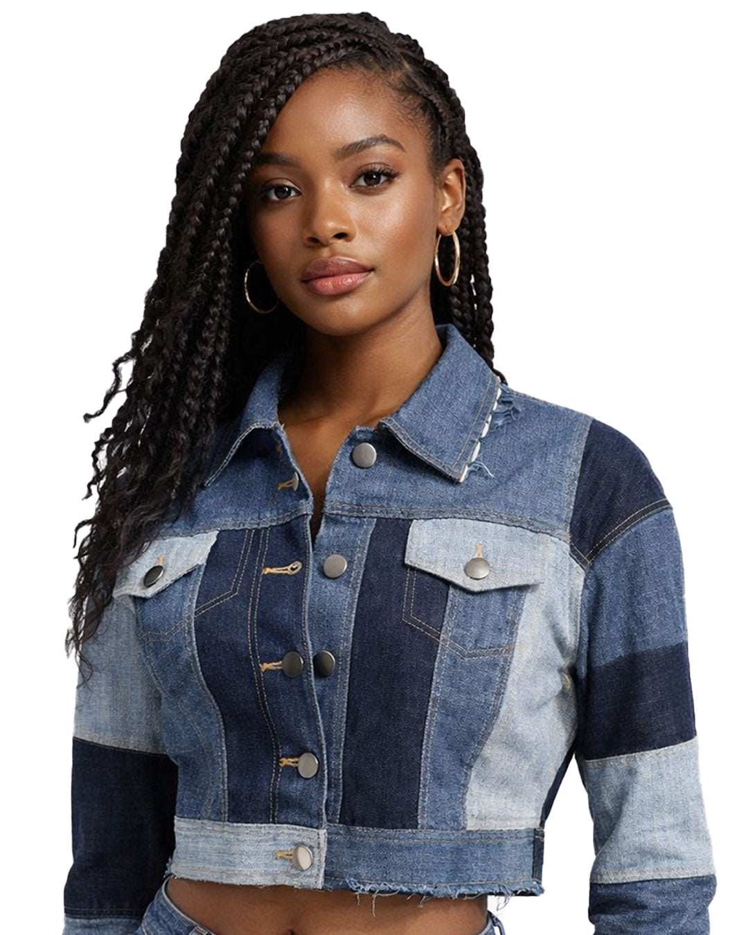 Women Short Patchwork Denim Jacket Cropped Blue Streetwear Style