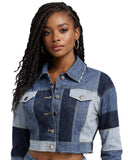 Women short patchwork denim jacket cropped blue streetwear style with light and dark denim panels