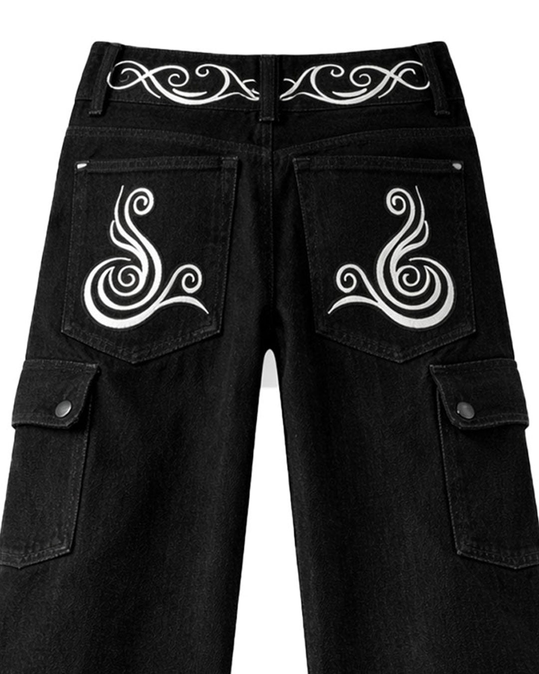 Black cargo jeans for men with baggy wide-leg fit, white graphic detail, and side utility pockets shown in front and back view.