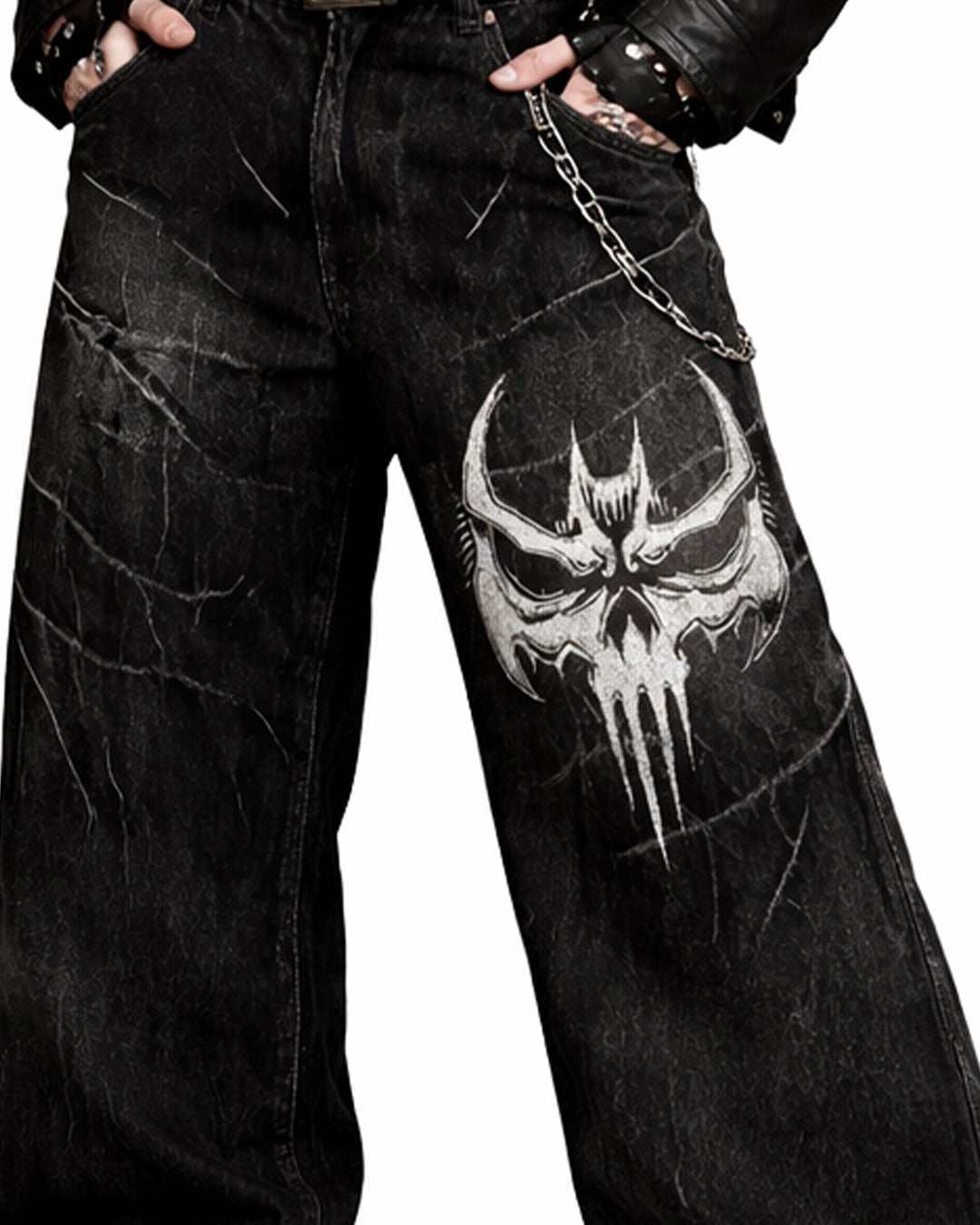 Unisex Gothic Skull baggy streetwear pants with skull embroidery and vintage-washed dark denim.