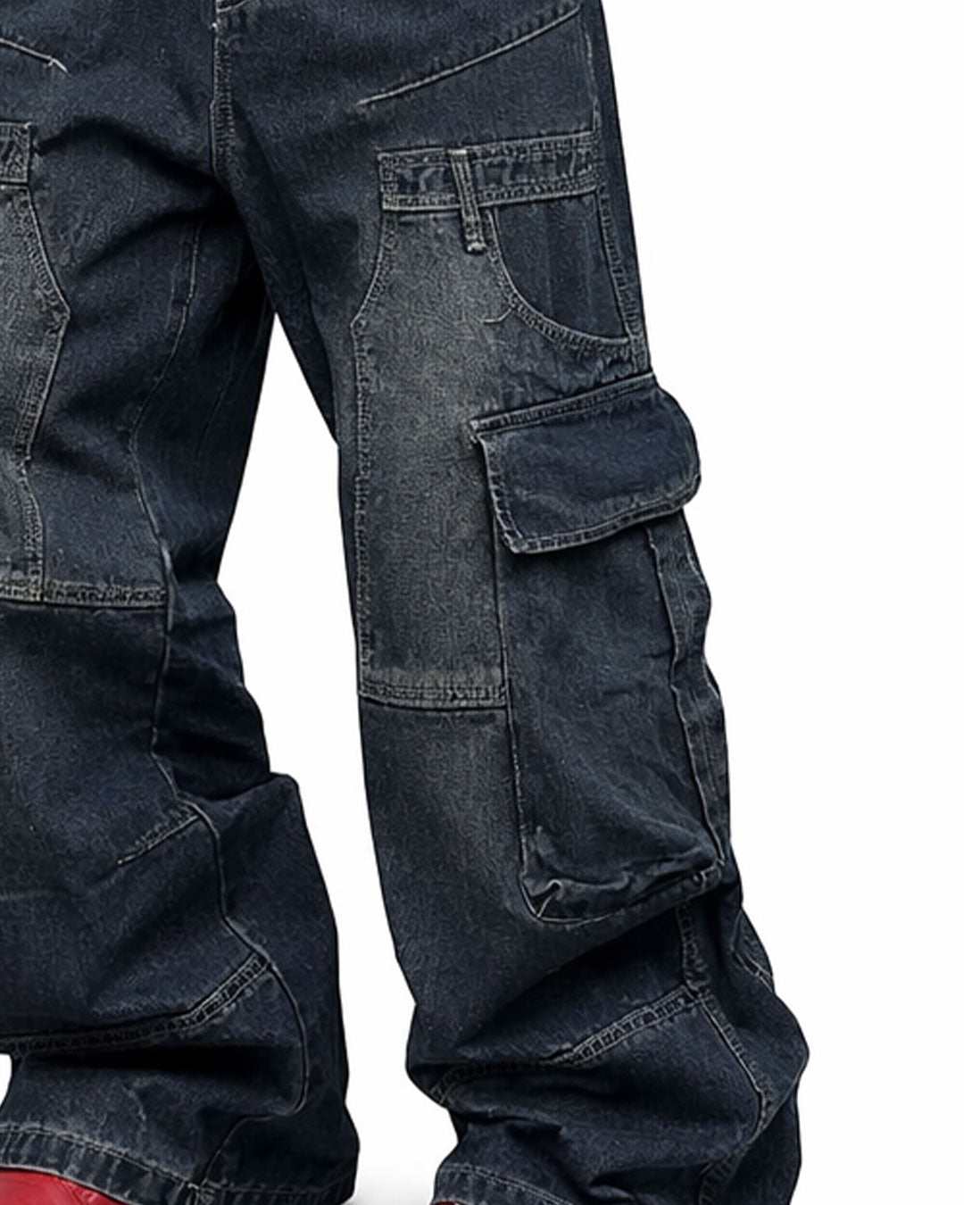 Men wearing relaxed fit wide leg denim pants in a gothic streetwear style