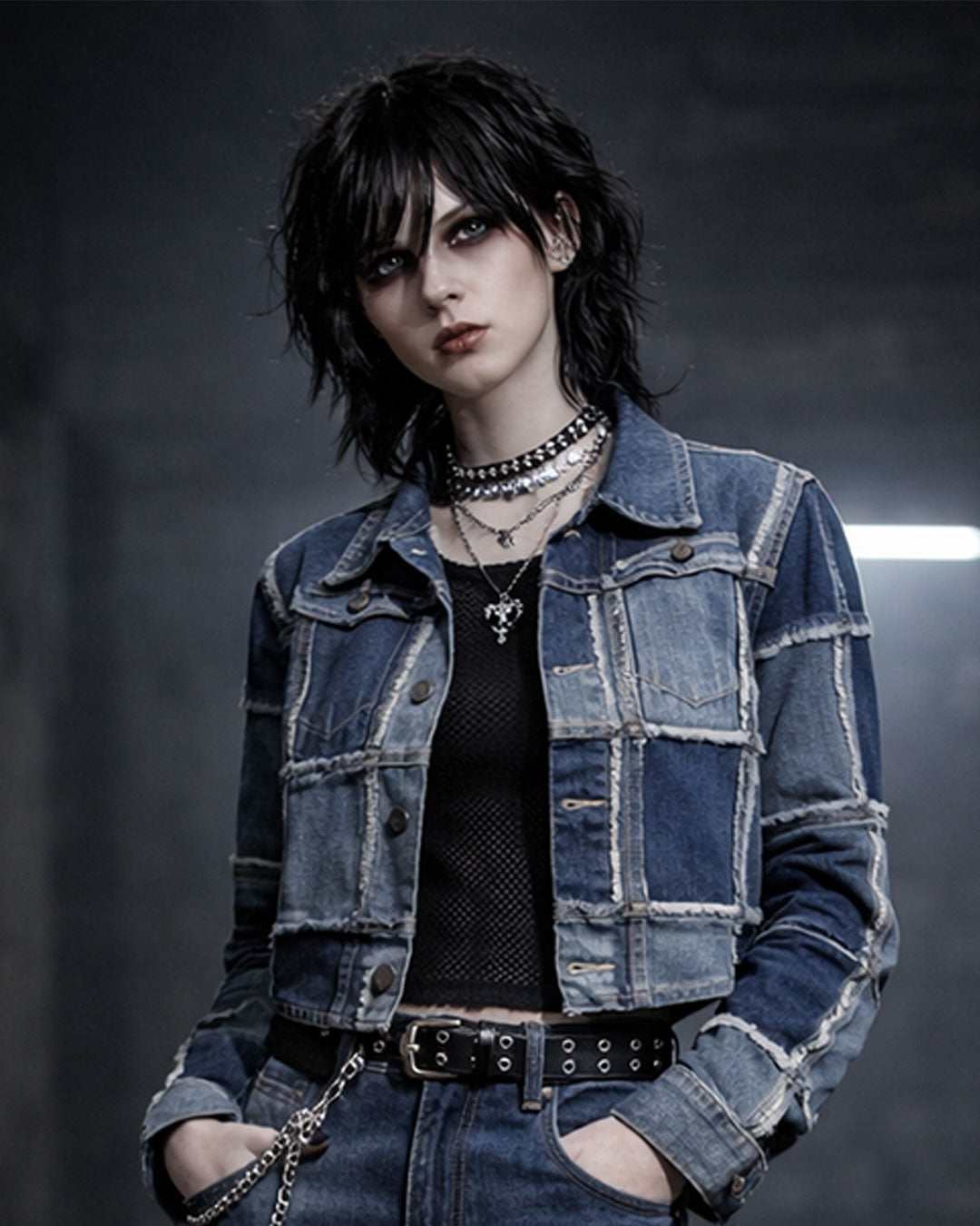 Patch work denim suite with cropped jacket and wide-leg pants in gothic streetwear style
