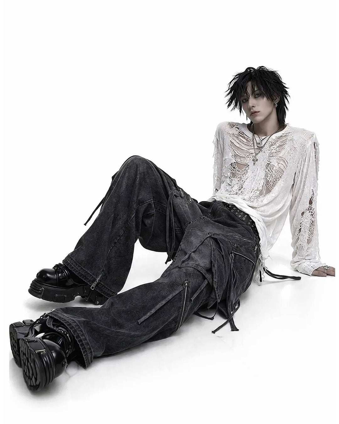 Cargo jeans for men loose fit in dark washed denim with wide-leg shape, oversized cargo pockets, zip details, and hanging strap accents shown in front and back view.