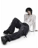 Cargo jeans for men loose fit in dark washed denim with wide-leg shape, oversized cargo pockets, zip details, and hanging strap accents shown in front and back view.