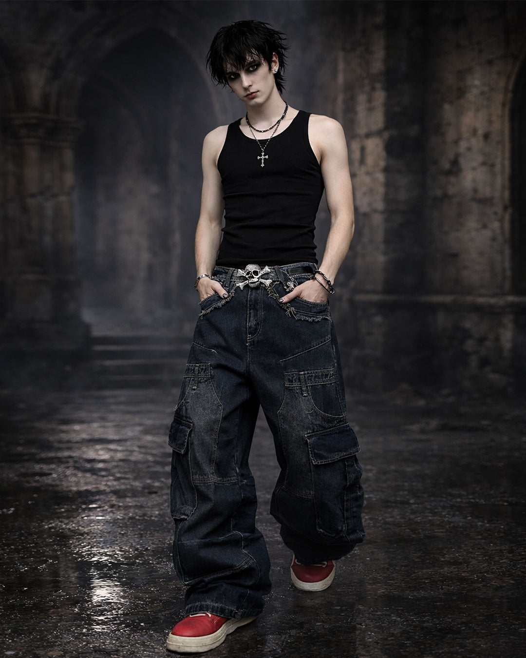 Men's relaxed fit wide leg denim pants in gothic and streetwear style