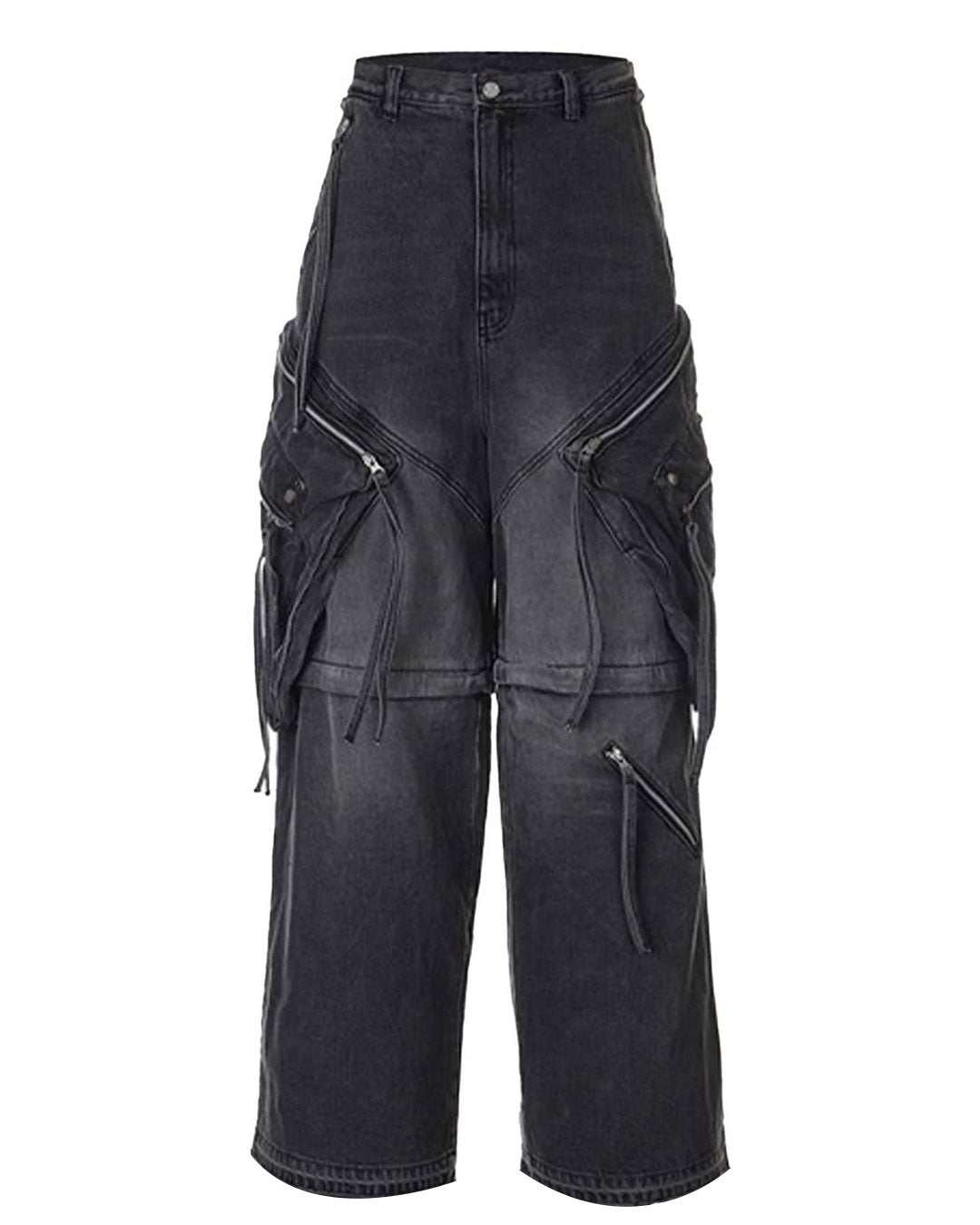 Cargo jeans for men loose fit in dark washed denim with wide-leg shape, oversized cargo pockets, zip details, and hanging strap accents shown in front and back view.