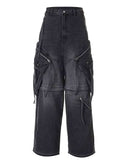 Cargo jeans for men loose fit in dark washed denim with wide-leg shape, oversized cargo pockets, zip details, and hanging strap accents shown in front and back view.