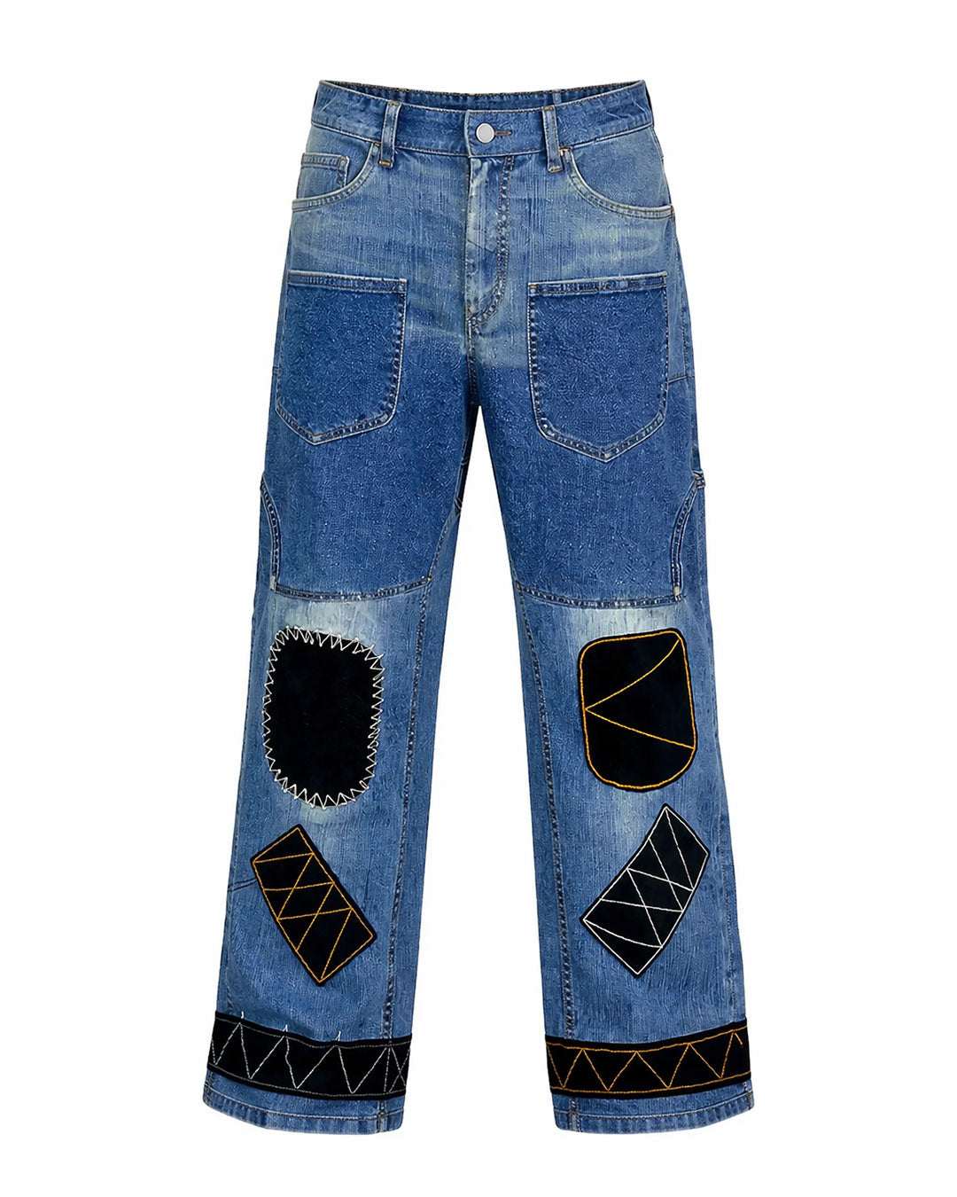 Black patchwork denim jeans with distressed finish, multi-pocket utility design, and wide-leg streetwear fit.