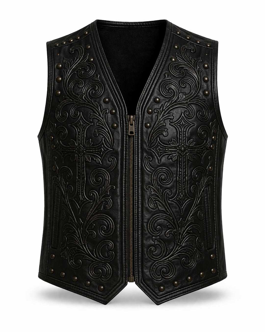 Men's edgy biker style black studded faux leather vest with gothic embroidery and cross detailing