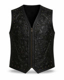 Men's edgy biker style black studded faux leather vest with gothic embroidery and cross detailing