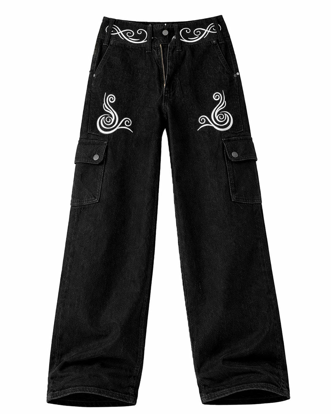 Black cargo jeans for men with baggy wide-leg fit, white graphic detail, and side utility pockets shown in front and back view.

