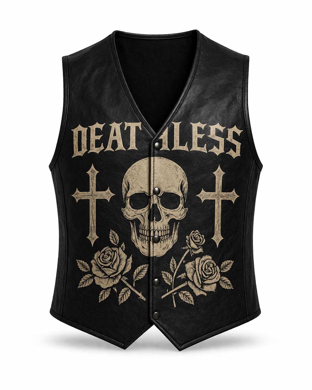 Deathless Skull Leather Vest with gothic skull, roses, and crosses in black faux leather for bold streetwear style