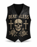 Deathless Skull Leather Vest with gothic skull, roses, and crosses in black faux leather for bold streetwear style