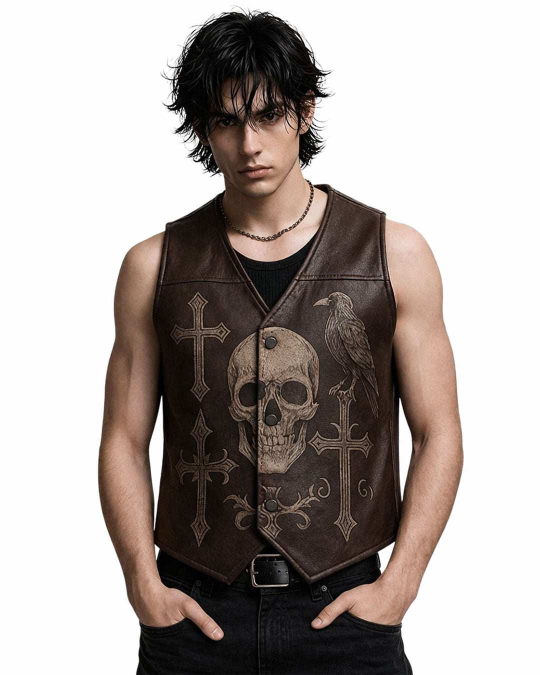 Raven Skull Leather Vest in brown leather featuring gothic skull and raven graphic with crosses for dark streetwear style