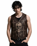 Raven Skull Leather Vest in brown leather featuring gothic skull and raven graphic with crosses for dark streetwear style