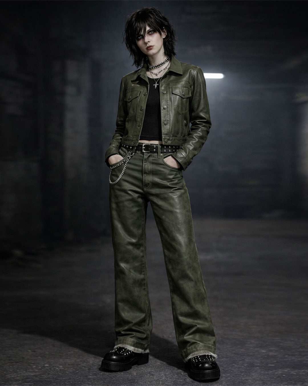 Model wearing green leather suite with wide-leg trousers and cropped jacket in gothic streetwear style