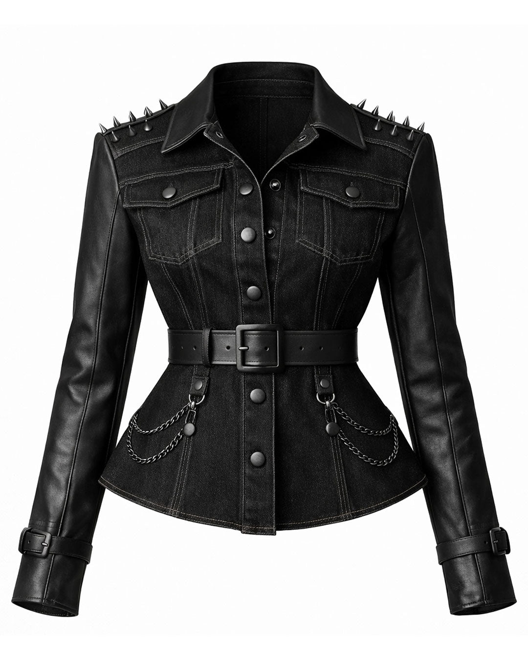 Women's punk leather jacket with belt detail, alternate front view