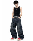 Men’s wide leg denim pants with relaxed gothic fit and oversized silhouette in dark streetwear style