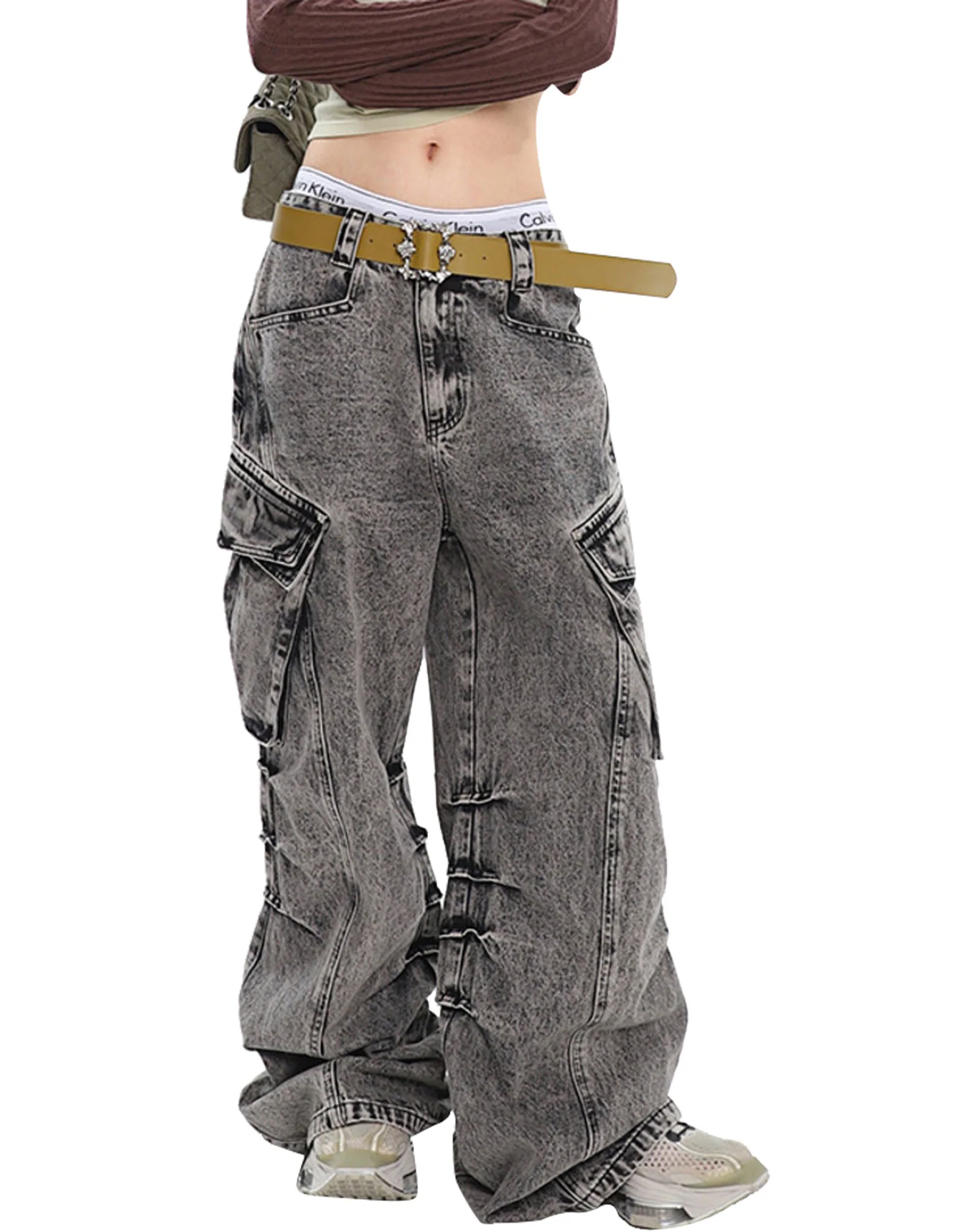 Y2K Unisex Grey Cargo Pants Baggy Jeans Vintage Streetwear Wide Leg Stone Washed Denim Pants