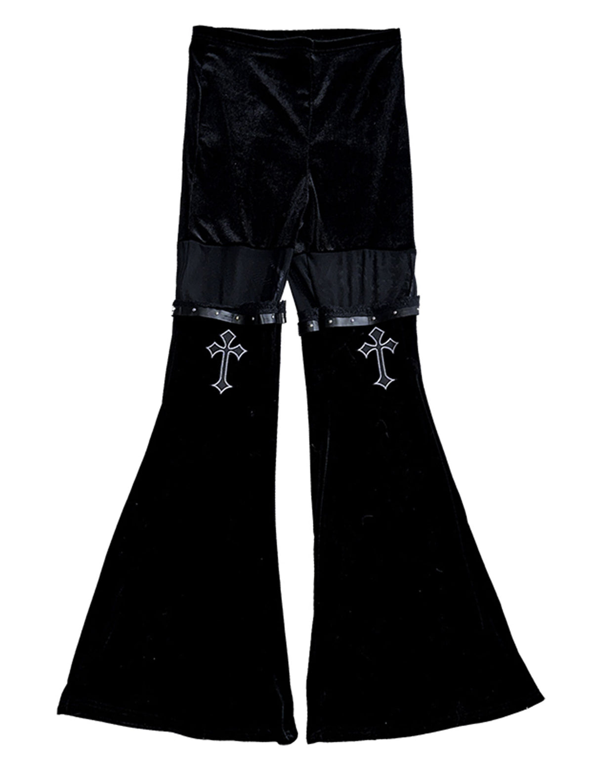 ROMWE Goth Velvet & Mesh Chain Pants – Cross Embroidery Women’s Trousers