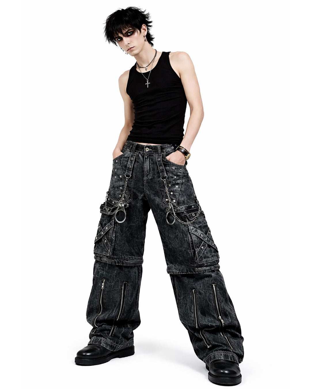 mens grey gothic cargo pants cyber convertible streetwear loose fit