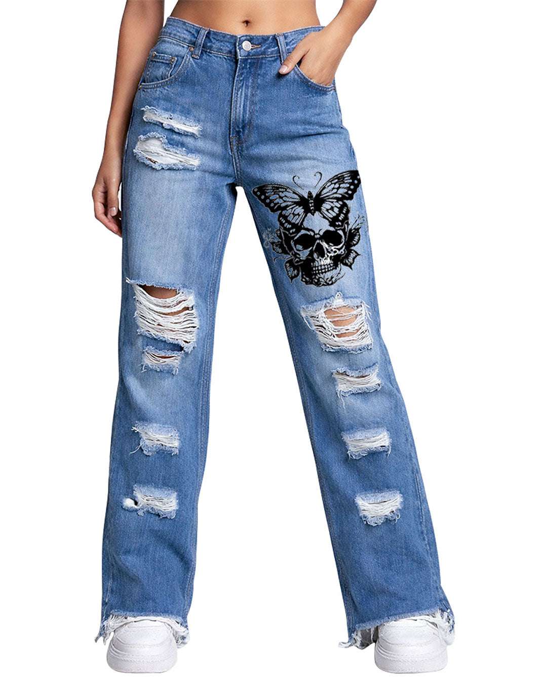 Trippprs Women Heart Print distressed wide leg jeans with heart and butterfly graphics