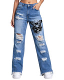Trippprs Women Heart Print distressed wide leg jeans with heart and butterfly graphics