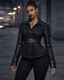 Fitted black leather jacket for women with structured silhouette, front styling view