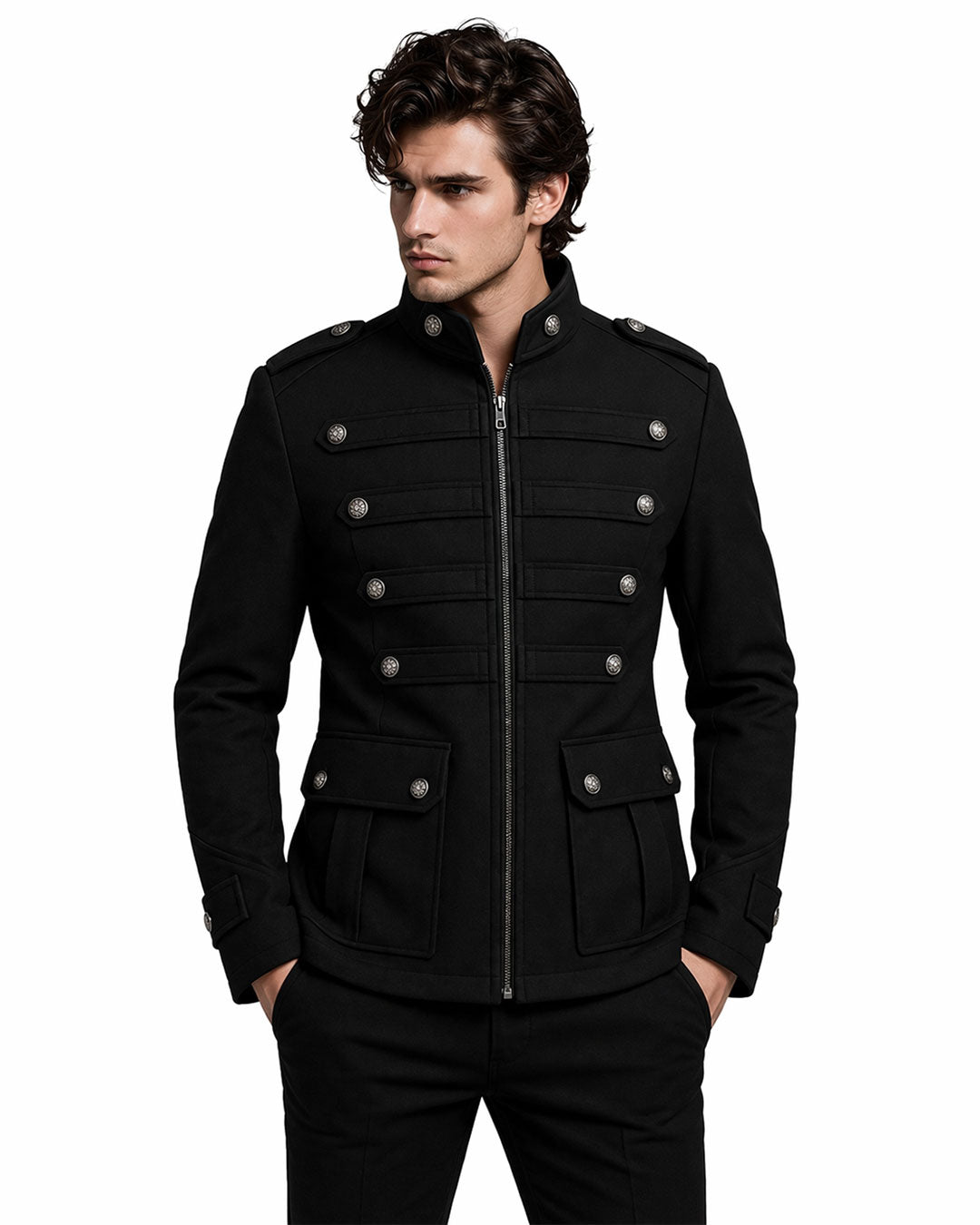 mens military style jacket black slim fit structured field jacket front view
