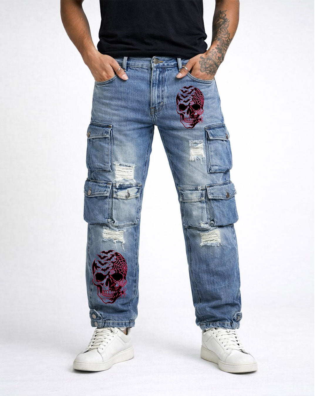 Light blue baggy cargo jeans for women with utility pockets, front view