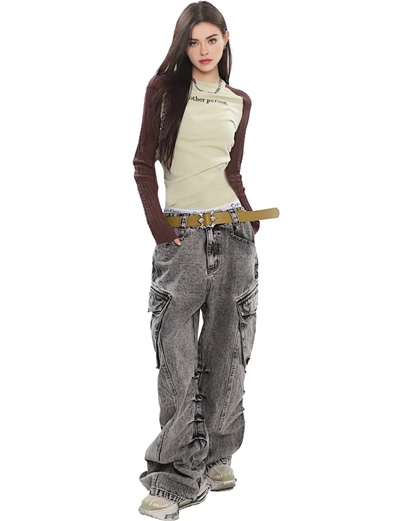 Y2K Unisex Grey Cargo Pants Baggy Jeans Vintage Streetwear Wide Leg Stone Washed Denim Pants