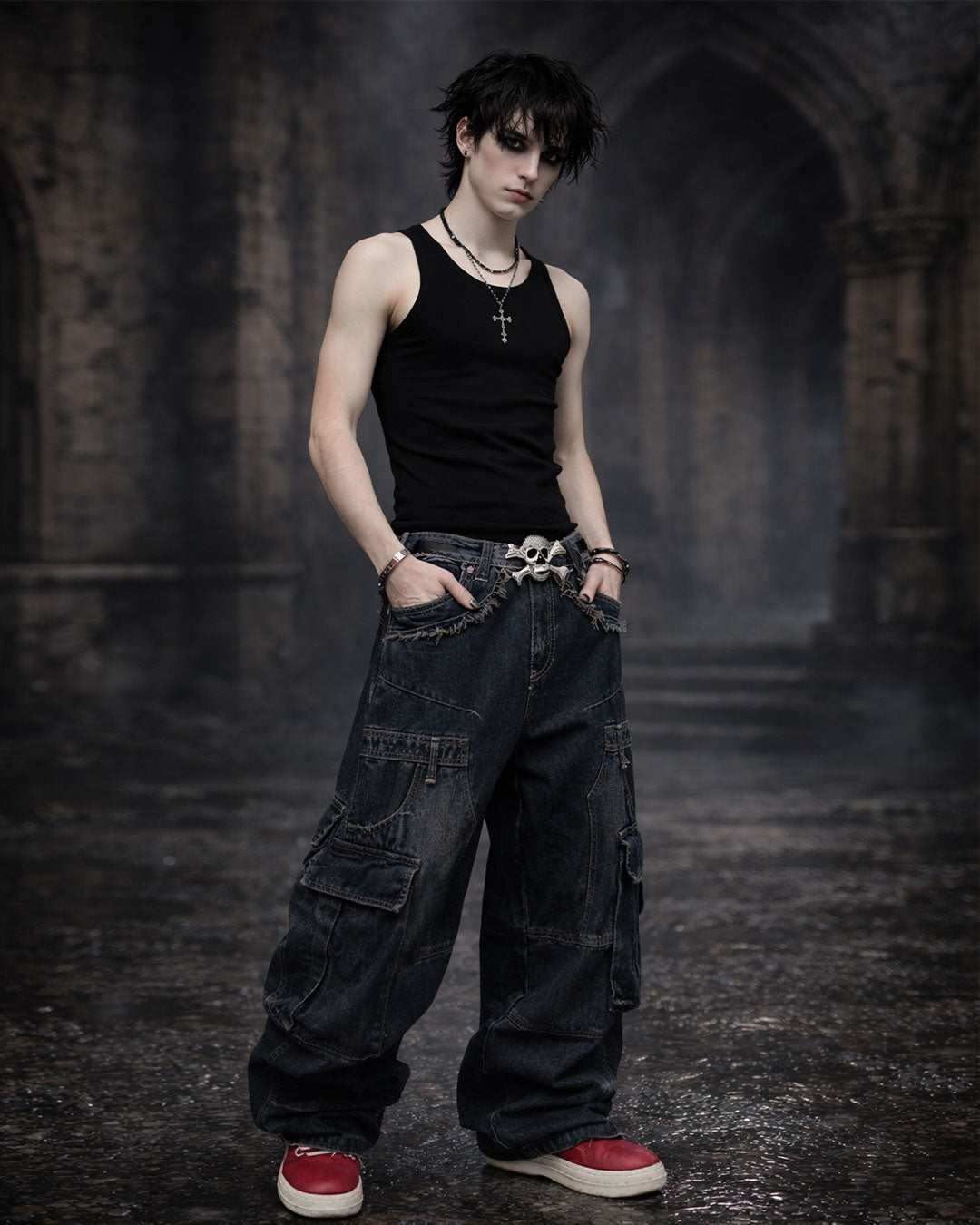 Men wearing wide leg denim pants with relaxed gothic fit in urban streetwear style