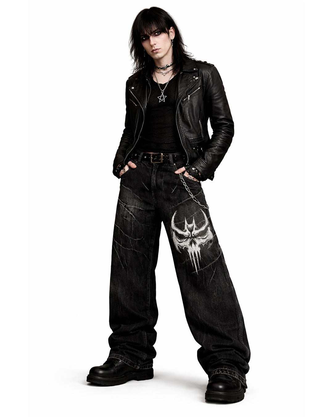 Unisex Gothic Skull baggy streetwear pants with skull embroidery and vintage-washed denim