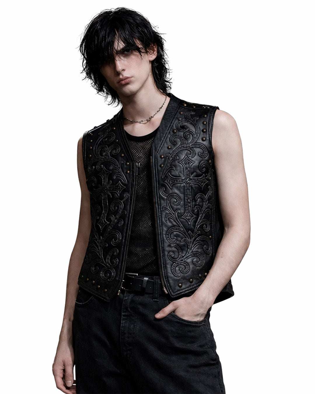 Men's black faux leather studded vest with gothic embroidery and cross detail, edgy biker style fashion