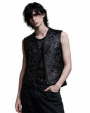 Men's black faux leather studded vest with gothic embroidery and cross detail, edgy biker style fashion