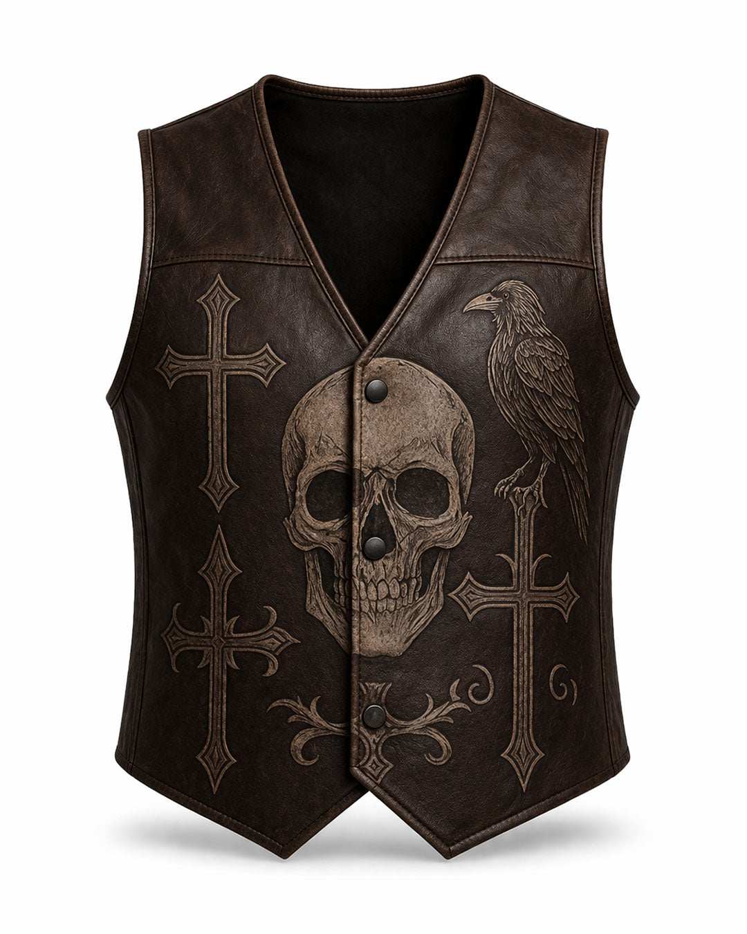 Brown Raven Skull Leather Vest with gothic cross and raven graphic, sleeveless streetwear by TRIPPPRS