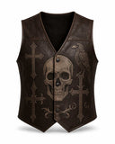 Brown Raven Skull Leather Vest with gothic cross and raven graphic, sleeveless streetwear by TRIPPPRS