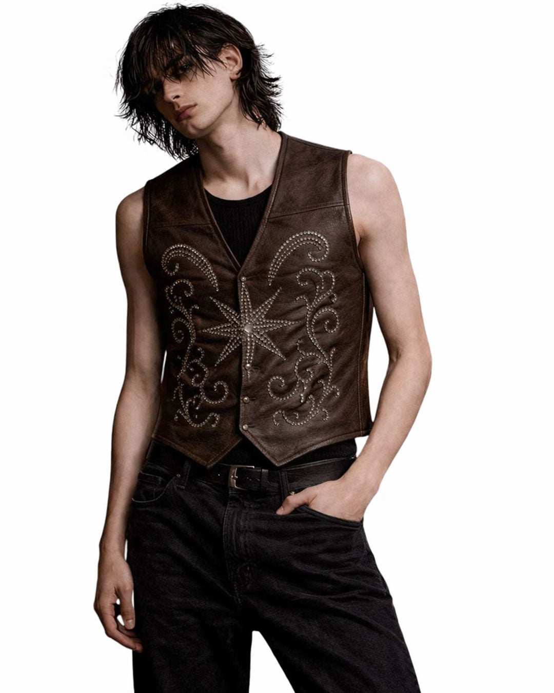 Brown Star Studded Leather Vest with Gothic Western Studwork by TRIPPPRS