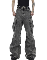 Y2K Unisex Grey Cargo Pants Baggy Jeans Vintage Streetwear Wide Leg Stone Washed Denim Pants