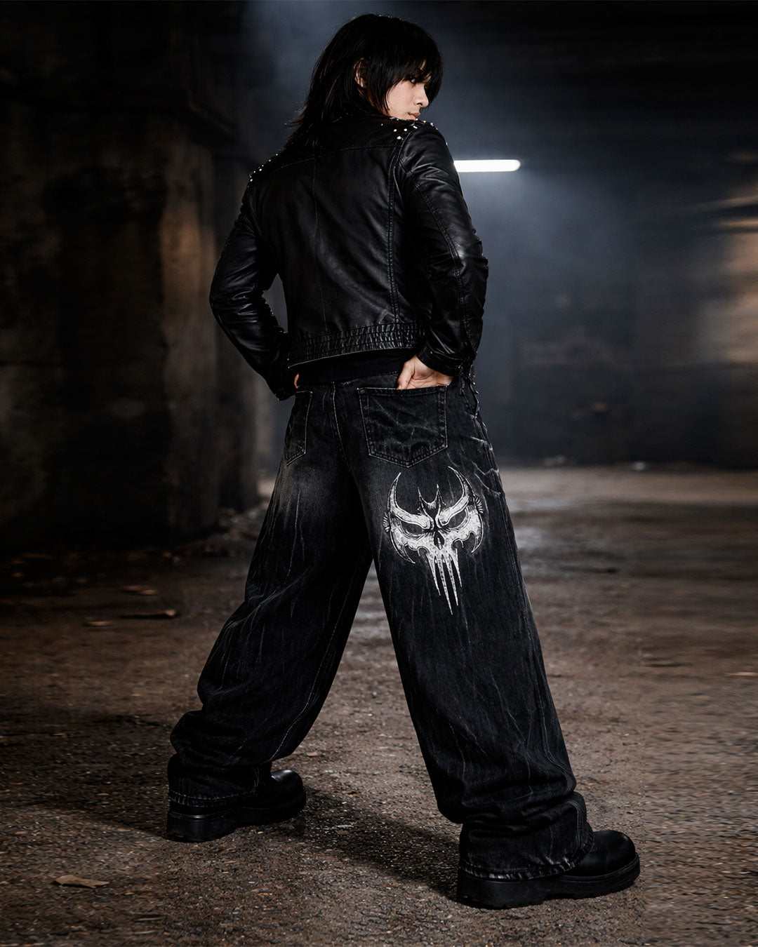 Unisex Gothic Skull baggy streetwear pants with skull embroidery and vintage-washed denim