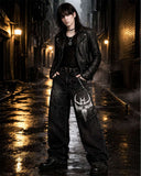 Unisex Gothic Skull baggy streetwear pants with skull embroidery and vintage-washed denim