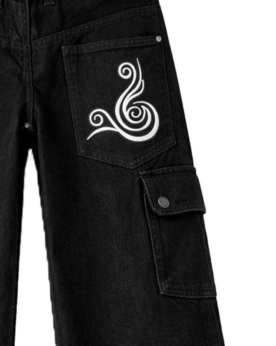 Black cargo jeans for men with baggy wide-leg fit, white graphic detail, and side utility pockets shown in front and back view.