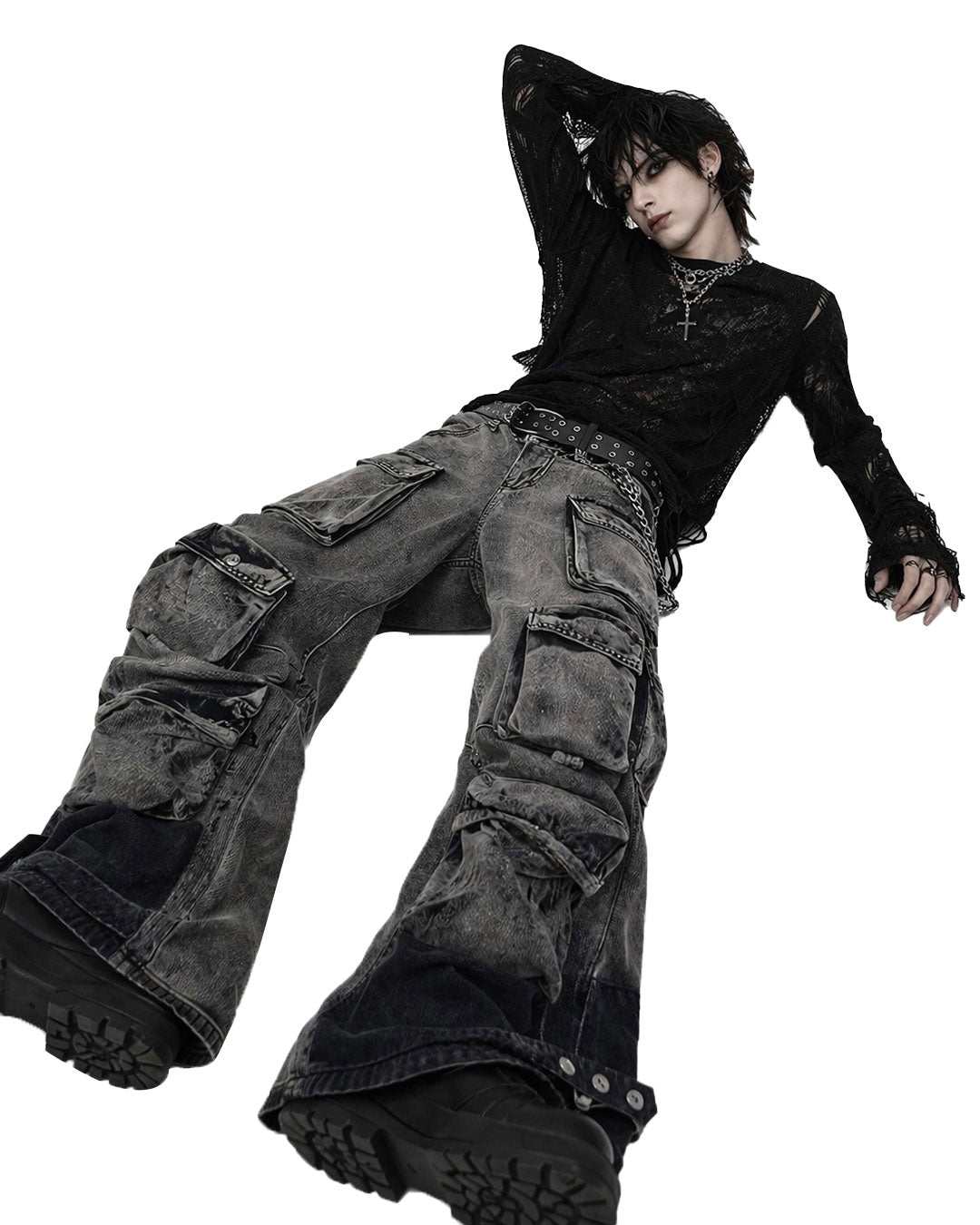 Mens wrangler cargo jeans in washed grey-black denim with baggy wide-leg fit and oversized utility pockets shown in front and back view.
