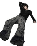 Mens wrangler cargo jeans in washed grey-black denim with baggy wide-leg fit and oversized utility pockets shown in front and back view.