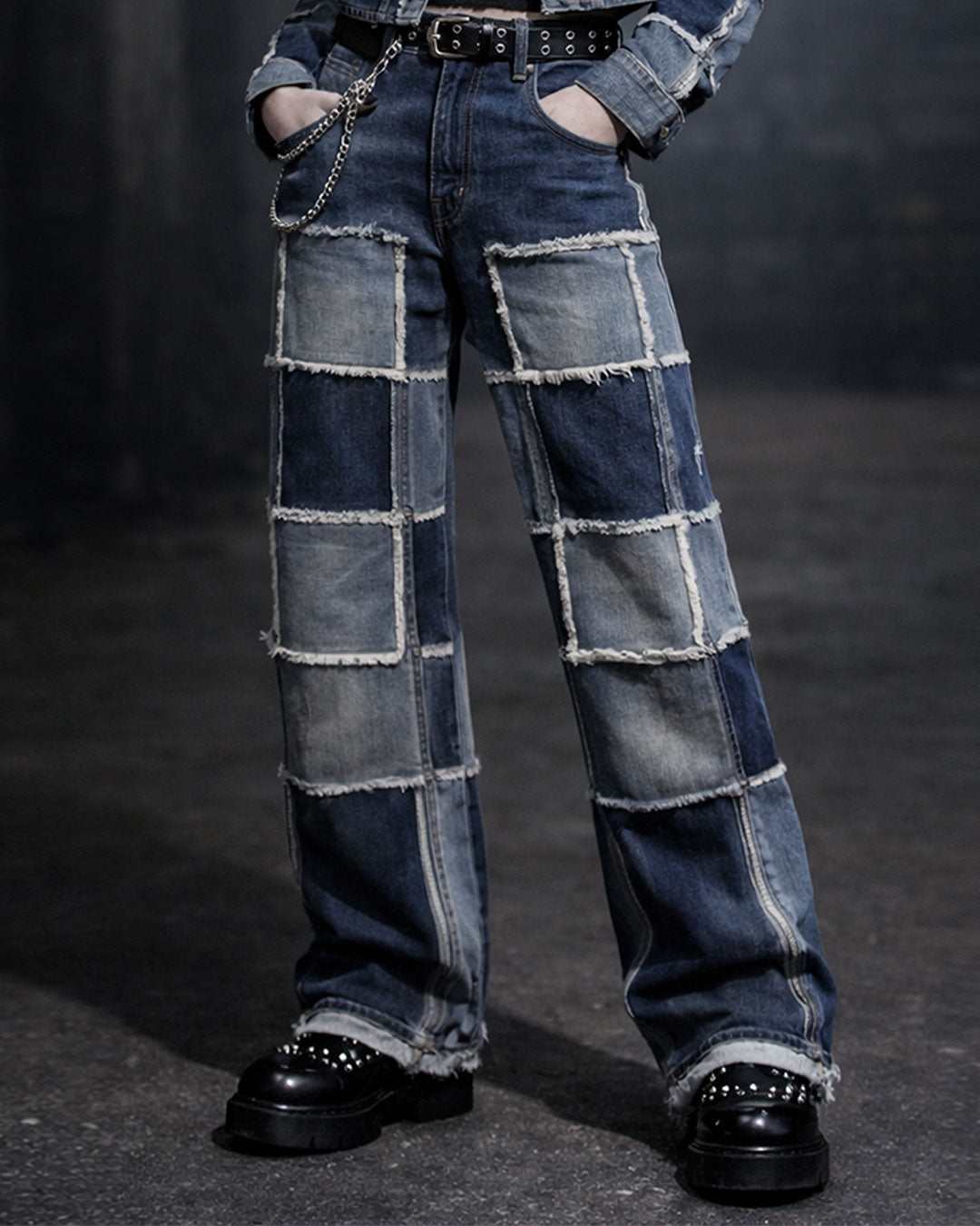 Unisex patch work denim suite with gothic wide-leg pants and cropped jacket in streetwear style