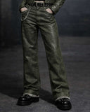 Gothic green leather suite with wide-leg trousers and cropped jacket streetwear set