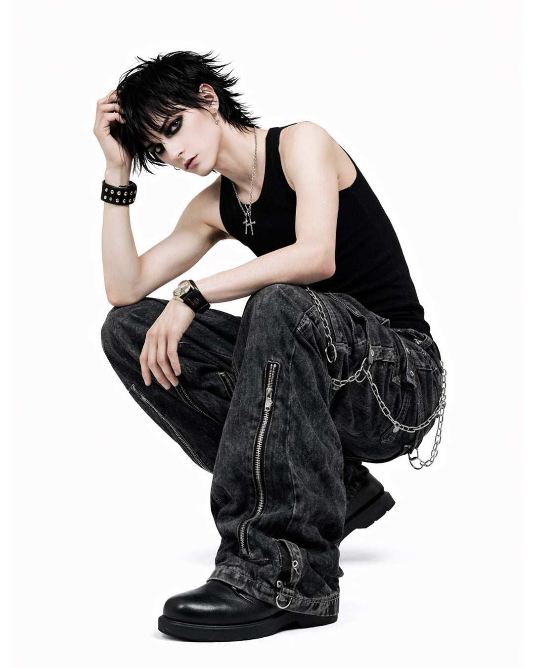 mens grey gothic cargo pants cyber convertible streetwear loose fit
